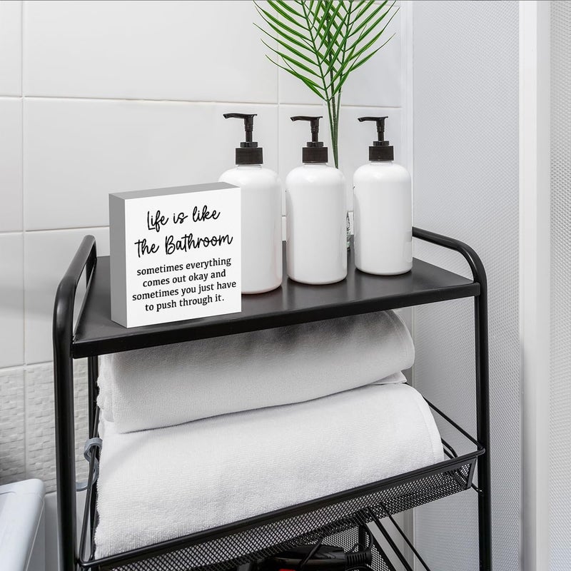 FXEFXE Life Is Like The Bathroom - Black and White Bathroom Decor Sign, Funny Wooden Box for Home Farmhouse Living Room Table Shelves - Image 4