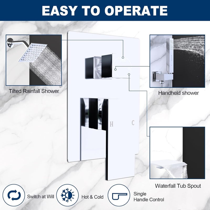 G Drettyer Brushed Nickel Solid Brass 3 Way Outlet Function Shower Diverter Valve Pressure Balancing Mixer Shower Valve Kit Replacement - Image 3