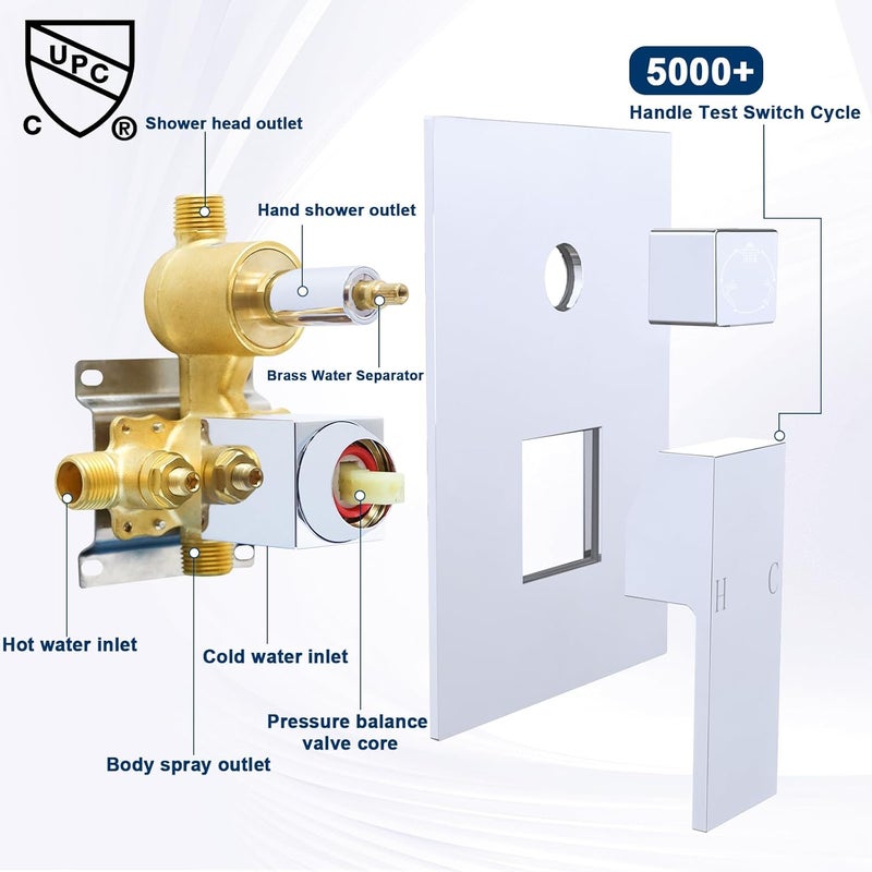 G Drettyer Brushed Nickel Solid Brass 3 Way Outlet Function Shower Diverter Valve Pressure Balancing Mixer Shower Valve Kit Replacement - Image 4