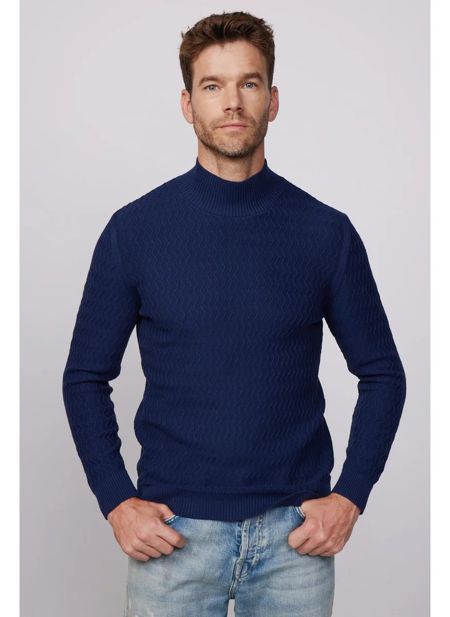 Tudors Slim Fit Narrow Cut Half Turtleneck Patterned Navy Blue Men's Sweater