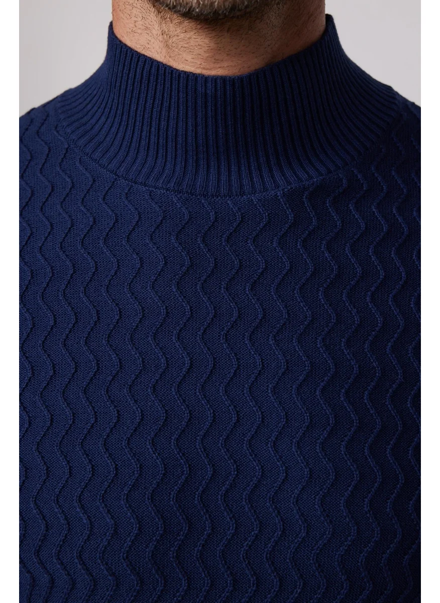 Tudors Slim Fit Narrow Cut Half Turtleneck Patterned Navy Blue Men's Sweater
