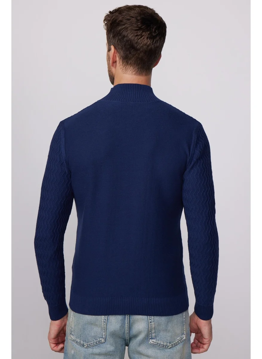Tudors Slim Fit Narrow Cut Half Turtleneck Patterned Navy Blue Men's Sweater
