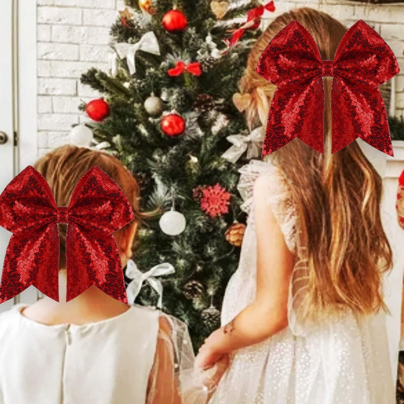 ZOLYCO Large Glitter Cheer Bows Clips, Jumbo Big 7 Inch Cheerleading Sequin Hair Bow Hair Accessories for Teens Girls Football Sports Cheerleader Outfit Uniform (Red) - Image 2