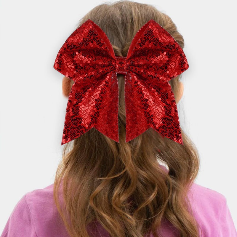 ZOLYCO Large Glitter Cheer Bows Clips, Jumbo Big 7 Inch Cheerleading Sequin Hair Bow Hair Accessories for Teens Girls Football Sports Cheerleader Outfit Uniform (Red) - Image 3