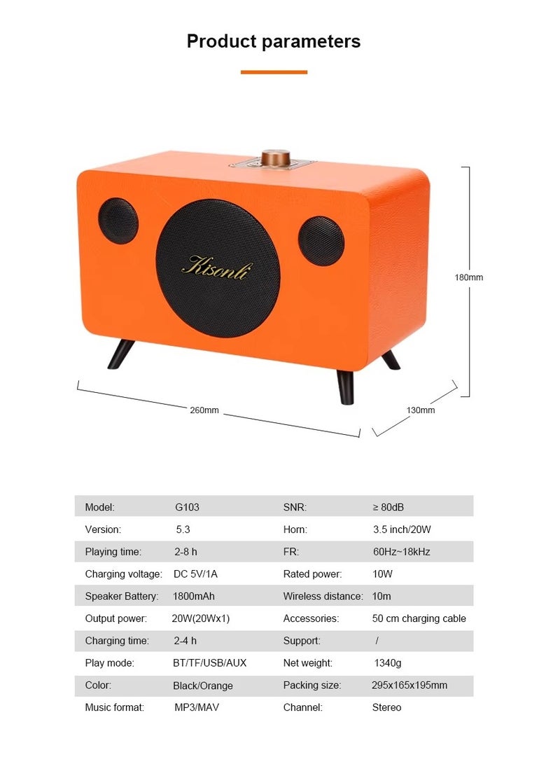 Kisonli G103 Classic Music Speaker – 20W Power – Clear Sound – 1800mAh Battery – Supports TF Card/U Disk/AUX-ORANGE - Image 4