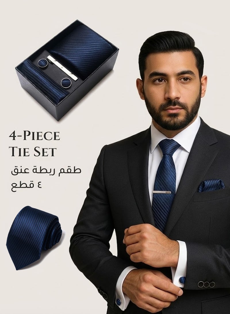 فوريكاسا طقم ربطة عنق رجالي من 4 قطع – تصميم أزرق بحري بخطوط مائلة مع ربطة، منديل جيب، أزرار أكمام، مشبك وعلبة هدايا - Image 1