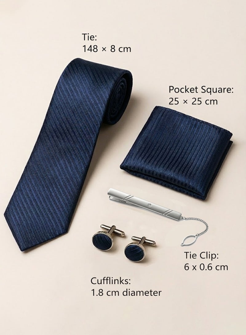 فوريكاسا طقم ربطة عنق رجالي من 4 قطع – تصميم أزرق بحري بخطوط مائلة مع ربطة، منديل جيب، أزرار أكمام، مشبك وعلبة هدايا - Image 2