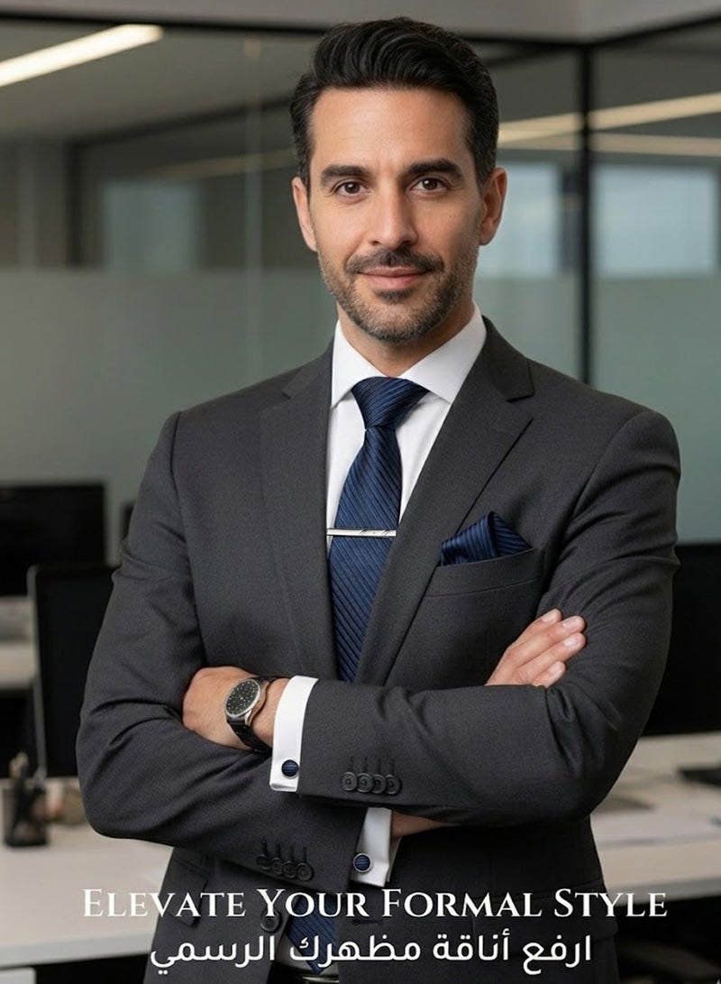 فوريكاسا طقم ربطة عنق رجالي من 4 قطع – تصميم أزرق بحري بخطوط مائلة مع ربطة، منديل جيب، أزرار أكمام، مشبك وعلبة هدايا - Image 5