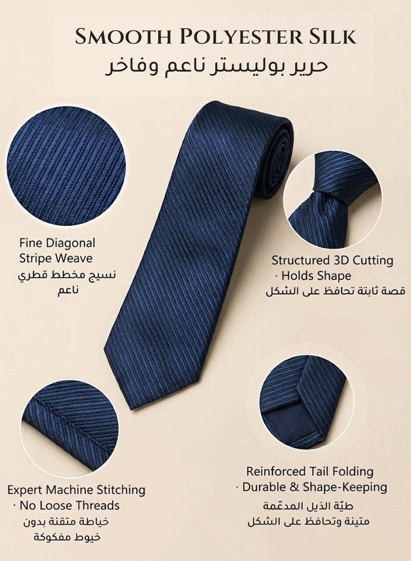 فوريكاسا طقم ربطة عنق رجالي من 4 قطع – تصميم أزرق بحري بخطوط مائلة مع ربطة، منديل جيب، أزرار أكمام، مشبك وعلبة هدايا - Image 3