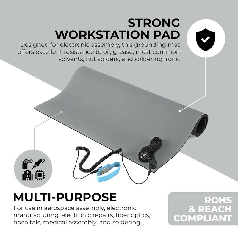 MWRF Source ESD Mat Kit with Wrist Strap and Grounding Cord (2.5 FT x 4 FT x 0.12 Inch, Grey) - Image 2