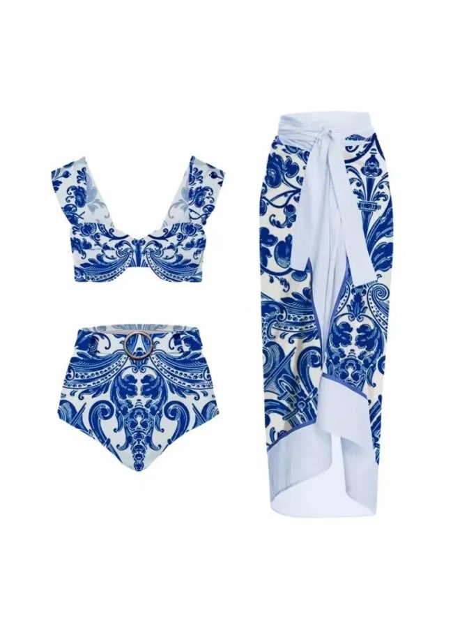 Loquat 2024 Langqi Women's Swimsuit Blue And White Porcelain Printed Three-piece Split Swimsuit Women's In Stock-Color:Three-piece Suit- - Image 1