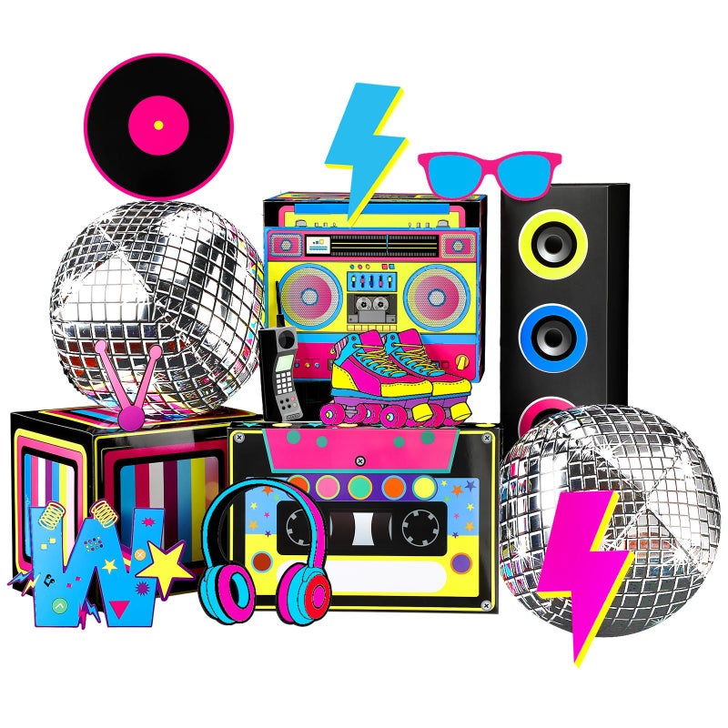 Saypacck 14 Pcs 80s 90s Party Decorations Hip Hop Favor Set Large Paper Boombox Boxes Novelty Treat Boxes Boom Cassette for Retro 1980s 1990s Theme Birthday Neon Disco Music Party Supplies - Image 1