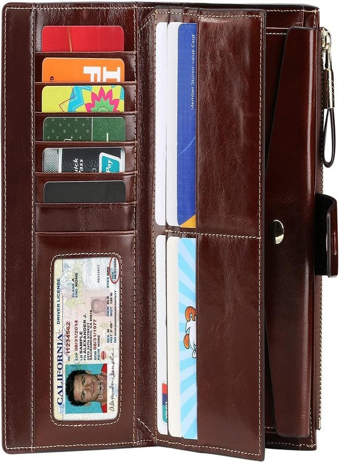 ITSLIFE محفظة نسائية من إيتسلايف، مانعة لتقنية RFID، بسعة كبيرة، فاخرة، مصنوعة من جلد طبيعي مشمع، محفظة كلاتش، حاملة بطاقات للسيدات، بني - Image 2