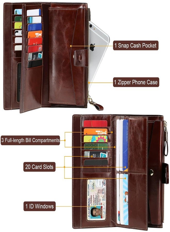 ITSLIFE محفظة نسائية من إيتسلايف، مانعة لتقنية RFID، بسعة كبيرة، فاخرة، مصنوعة من جلد طبيعي مشمع، محفظة كلاتش، حاملة بطاقات للسيدات، بني - Image 3
