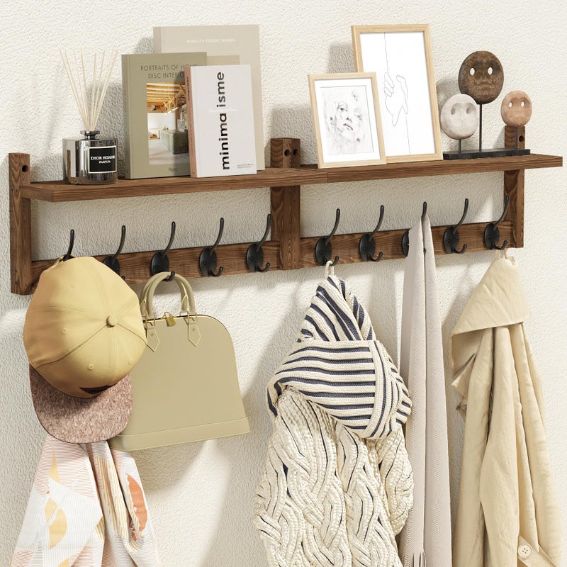 AMBIRD 342 inch Wooden ExtraLong Wall Hook Rack with Shelf  Versatile and Decorative WallMounted Storage  10 Hooks for Hanging Coats Hats Scarves  Ideal for Entryways Bedrooms Closets