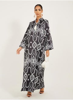 digital print satnd collar jalabiya with lace and tassel trim at neck