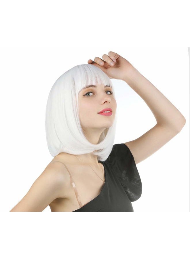 eNilecor (White) - Short Hair Wig 14" 36cm Straight Flat Bang Short Bob Hair Candy Colour Cosplay Wigs Natural As Real Hair+ Free Wig Cap (White) - Image 2
