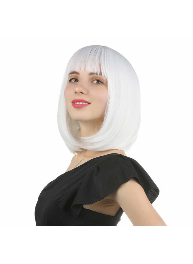 eNilecor (White) - Short Hair Wig 14" 36cm Straight Flat Bang Short Bob Hair Candy Colour Cosplay Wigs Natural As Real Hair+ Free Wig Cap (White) - Image 1