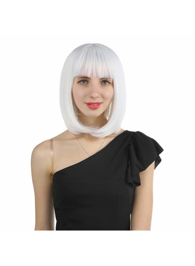 eNilecor (White) - Short Hair Wig 14" 36cm Straight Flat Bang Short Bob Hair Candy Colour Cosplay Wigs Natural As Real Hair+ Free Wig Cap (White) - Image 5