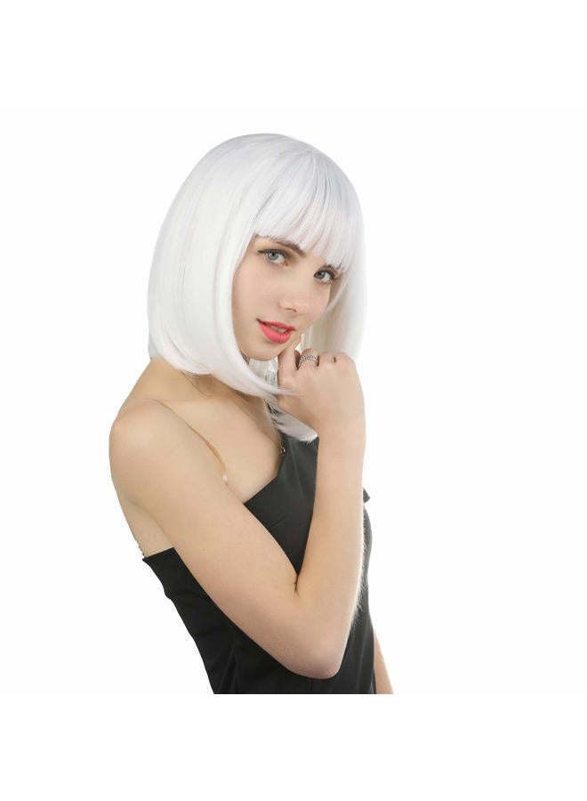 eNilecor (White) - Short Hair Wig 14" 36cm Straight Flat Bang Short Bob Hair Candy Colour Cosplay Wigs Natural As Real Hair+ Free Wig Cap (White) - Image 4