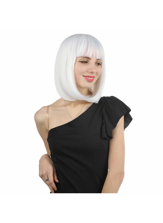 eNilecor (White) - Short Hair Wig 14" 36cm Straight Flat Bang Short Bob Hair Candy Colour Cosplay Wigs Natural As Real Hair+ Free Wig Cap (White) - Image 3