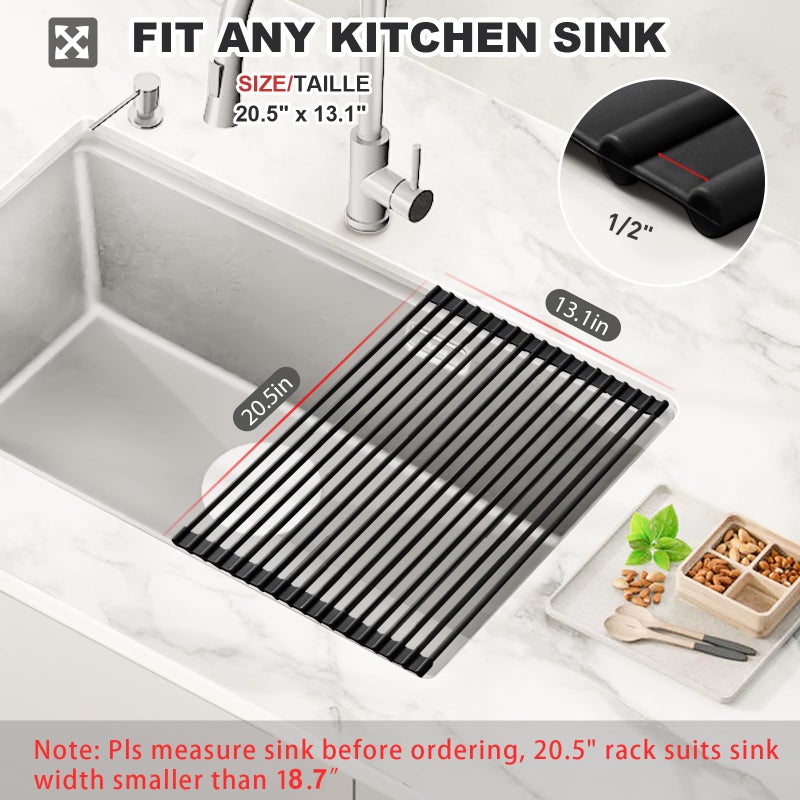 MERRYBOX 20.5" x 13" Roll Up Dish Drying Rack Silicone Wrapped Over The Sink Dish Drying Rack Multipurpose Foldable Sink Drying Mat, Heat-Resistant & Anti-Rust Dish Rack for Kitchen Sink, Large, Black - Image 2