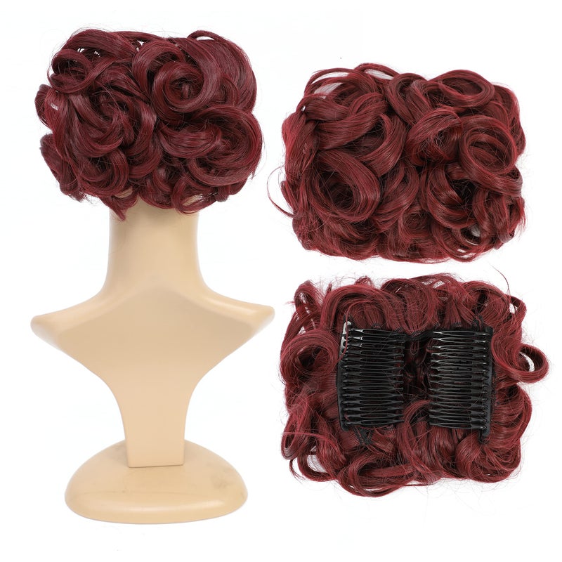 SWACC Short Messy Curly Dish Hair Bun Extension Easy Stretch hair Combs Clip in Ponytail Extension Scrunchie Chignon Tray Ponytail Hairpieces Dark Wine Red99J