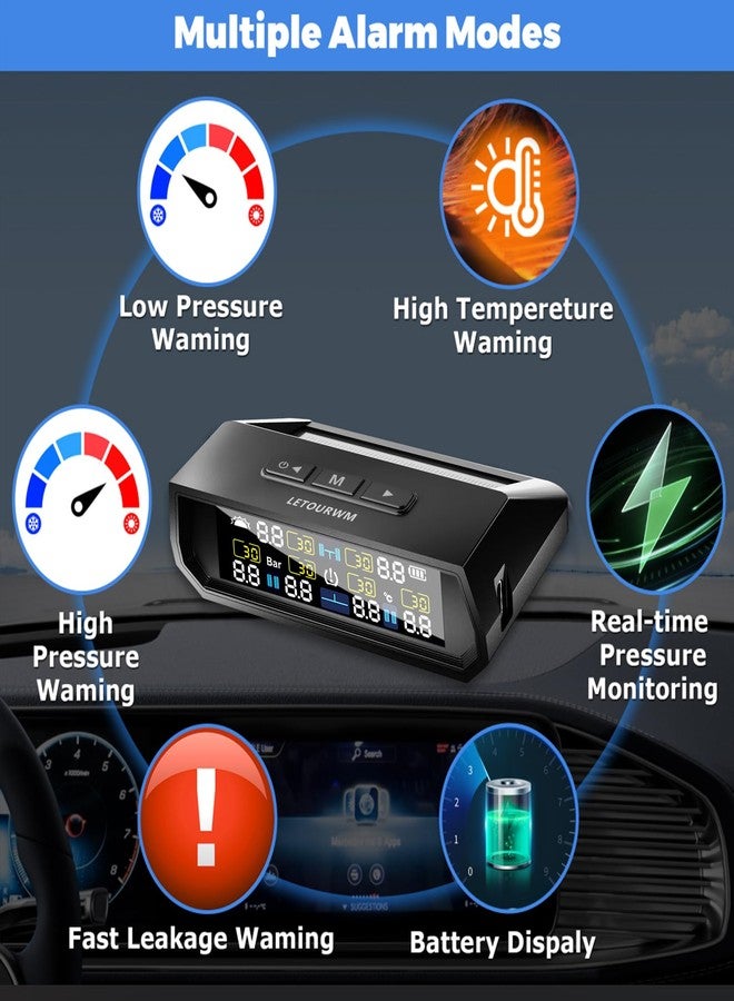 LETOURWM نظام مراقبة ضغط الإطارات RV - ترقية TPMS 2025 لمراقبة ضغط الإطارات مع 6 حساسات، شحن شمسي وشاحن USB Type-C، شاشة LCD ملونة، نطاق 0-9.9BAR/144PSI، 6 أوضاع إنذار لـ RV/مقطورة/شاحنة IP68 - Image 4