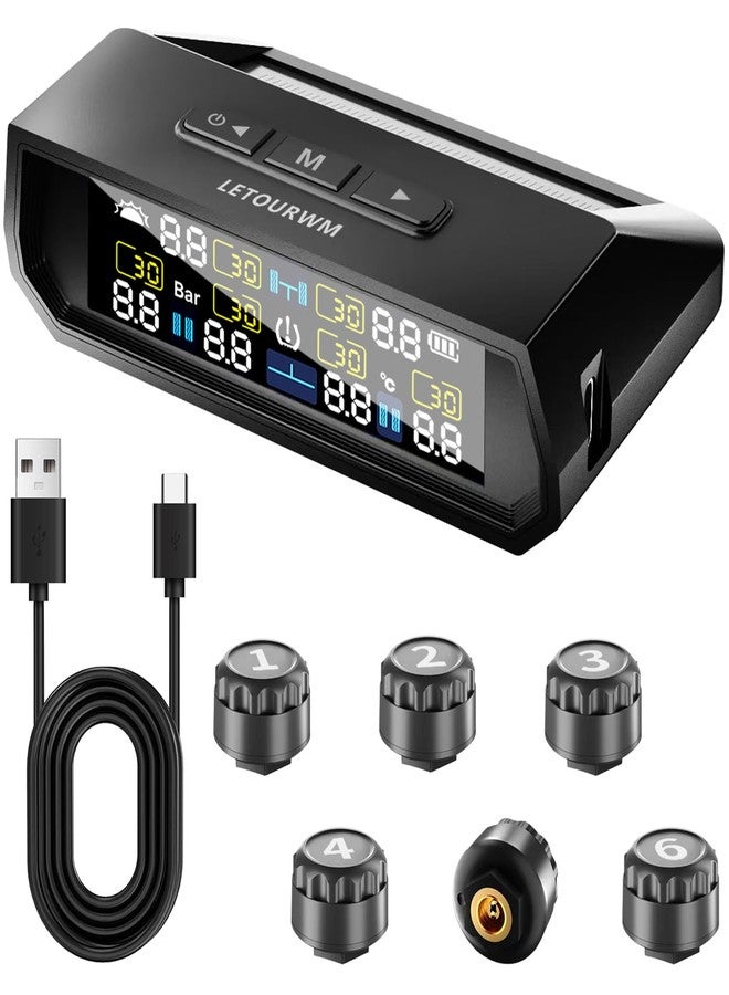 LETOURWM نظام مراقبة ضغط الإطارات RV - ترقية TPMS 2025 لمراقبة ضغط الإطارات مع 6 حساسات، شحن شمسي وشاحن USB Type-C، شاشة LCD ملونة، نطاق 0-9.9BAR/144PSI، 6 أوضاع إنذار لـ RV/مقطورة/شاحنة IP68 - Image 1