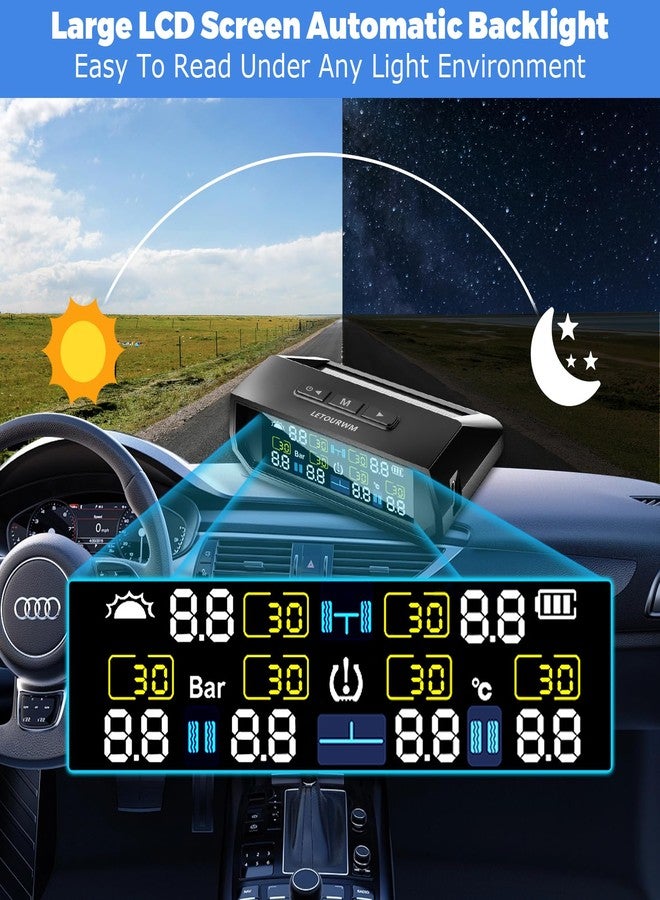 LETOURWM نظام مراقبة ضغط الإطارات RV - ترقية TPMS 2025 لمراقبة ضغط الإطارات مع 6 حساسات، شحن شمسي وشاحن USB Type-C، شاشة LCD ملونة، نطاق 0-9.9BAR/144PSI، 6 أوضاع إنذار لـ RV/مقطورة/شاحنة IP68 - Image 3
