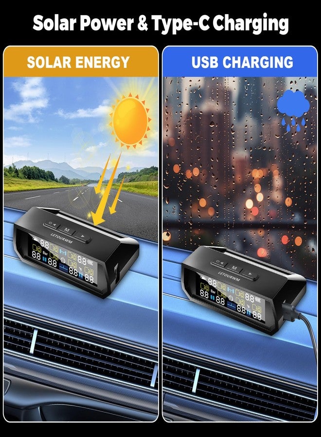LETOURWM نظام مراقبة ضغط الإطارات RV - ترقية TPMS 2025 لمراقبة ضغط الإطارات مع 6 حساسات، شحن شمسي وشاحن USB Type-C، شاشة LCD ملونة، نطاق 0-9.9BAR/144PSI، 6 أوضاع إنذار لـ RV/مقطورة/شاحنة IP68 - Image 2