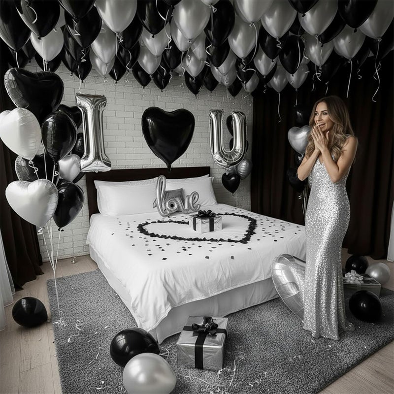 yeewaka I Love You Balloons for Him/Her Balloons Black and silver romantic balloon kit with heart LOVE mylar balloons Black rose petals for hotel Dec orations Valentines Party wedding anniversary supplies - Image 2