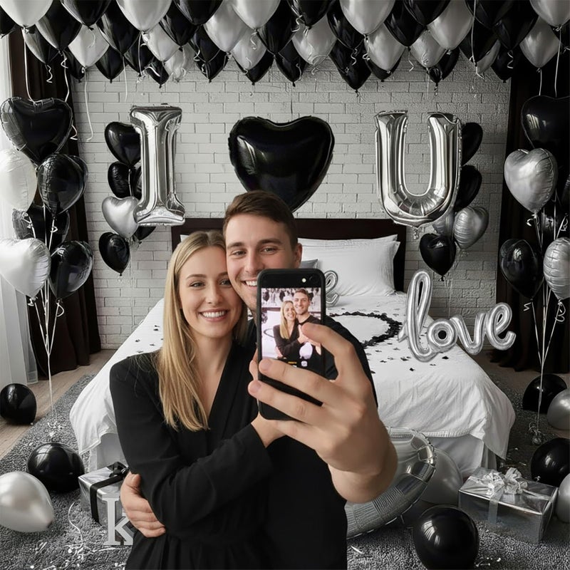 yeewaka I Love You Balloons for Him/Her Balloons Black and silver romantic balloon kit with heart LOVE mylar balloons Black rose petals for hotel Dec orations Valentines Party wedding anniversary supplies - Image 5