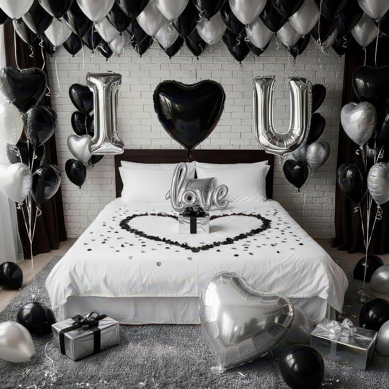 yeewaka I Love You Balloons for Him/Her Balloons Black and silver romantic balloon kit with heart LOVE mylar balloons Black rose petals for hotel Dec orations Valentines Party wedding anniversary supplies - Image 1