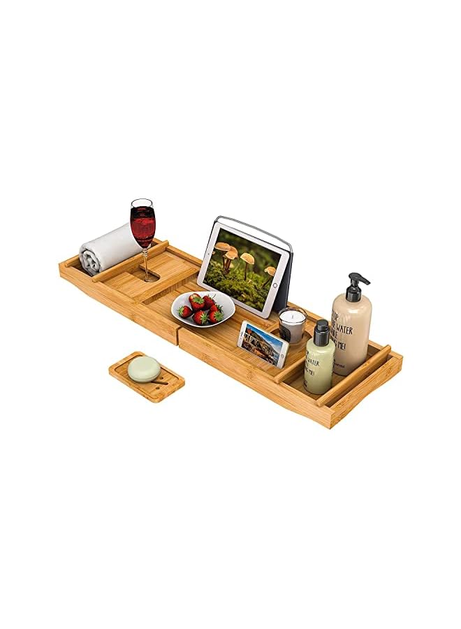 vesus Caddy Tray, 1 or 2 Person Bath and Bed Tray, Bath Tub Table Caddy with Extending Sides - Luxury Bamboo Bathtub Caddy Tray with Book and Wine Holder (Natural) - Image 3