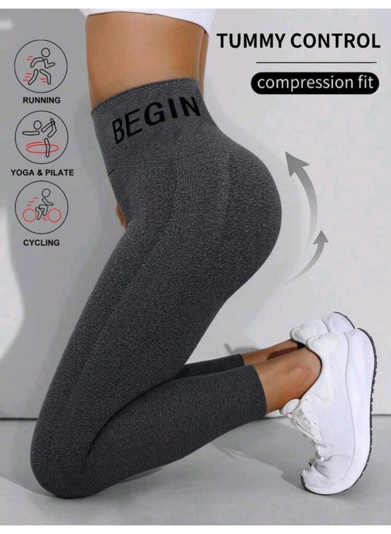 Shein 1pc Women'S High Waist Letter Print Yoga Pants Stretchy Breathable Fabric - Image 1