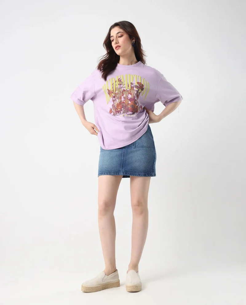 Rareism Women's Front Graphic Print Oversized T-Shirt