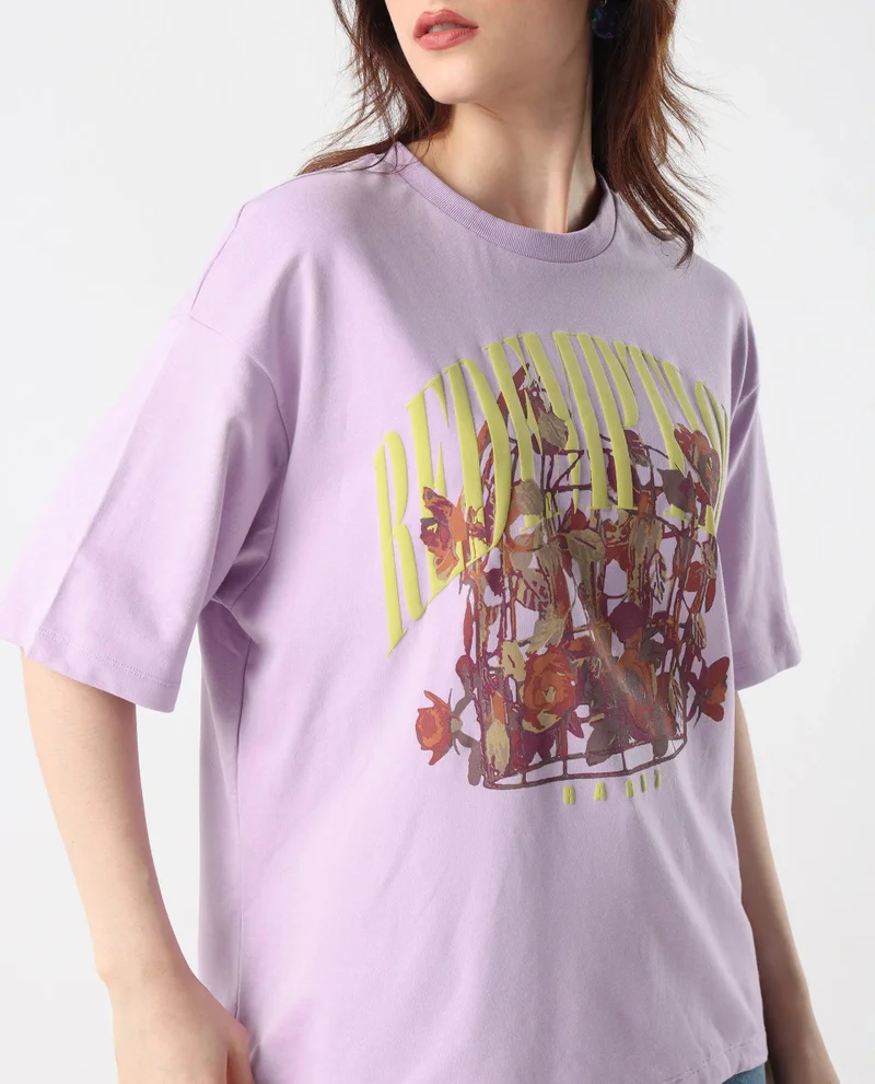Rareism Women's Front Graphic Print Oversized T-Shirt