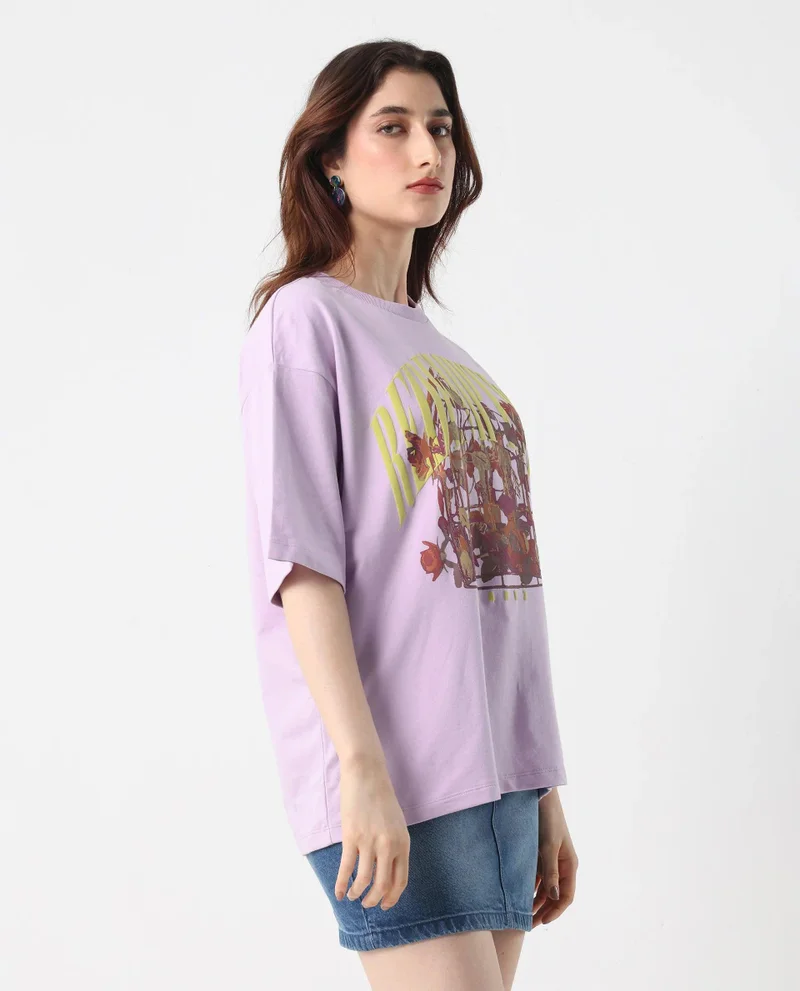 Rareism Women's Front Graphic Print Oversized T-Shirt