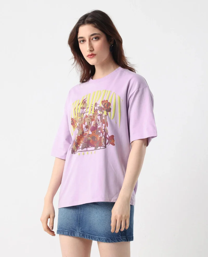 Rareism Women's Front Graphic Print Oversized T-Shirt