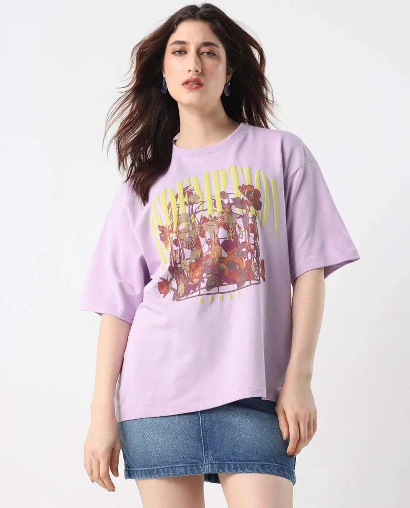 Rareism Women's Front Graphic Print Oversized T-Shirt