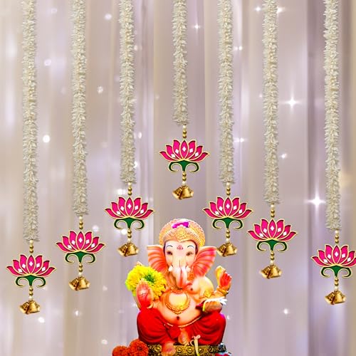 RR Crafts Lotus Bells Pink Off-White Flower Hangings – Pooja Room & Mandir Decoration, Door Hanging, Diwali Decoration Items, Long Length Lotus Decor (Set of 7 Pcs) - Image 1