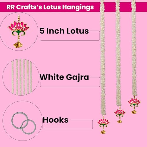 RR Crafts Lotus Bells Pink Off-White Flower Hangings – Pooja Room & Mandir Decoration, Door Hanging, Diwali Decoration Items, Long Length Lotus Decor (Set of 7 Pcs) - Image 2