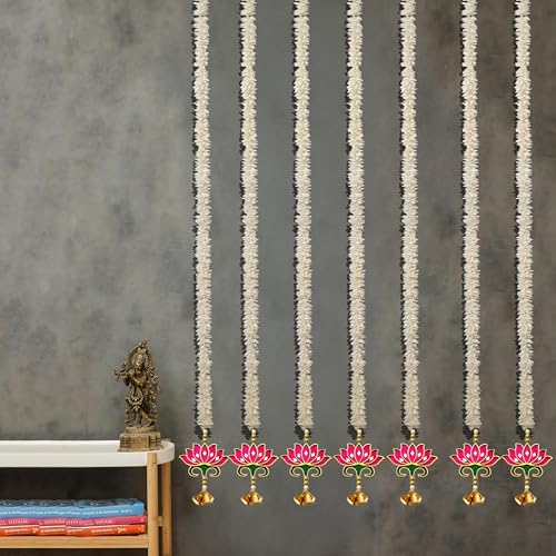 RR Crafts Lotus Bells Pink Off-White Flower Hangings – Pooja Room & Mandir Decoration, Door Hanging, Diwali Decoration Items, Long Length Lotus Decor (Set of 7 Pcs) - Image 3