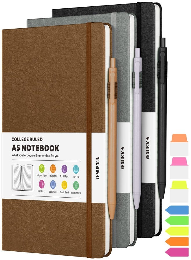OMEYA Lined Jounral Notebook, 3 Pack A5 College Ruled Notebooks for Work, Hardcover Notebook Each with 2 Pockets & Pen, Leather Journal for Women, Men, 160 Pages, 100GSM Thick Paper ( Black 5.7" x 8.3" ) - Image 1