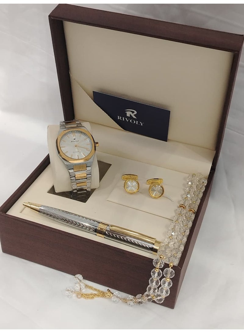 Rivoli Men's Gift Set includes a wristwatch, pen, cufflinks, and crystal rosary.
