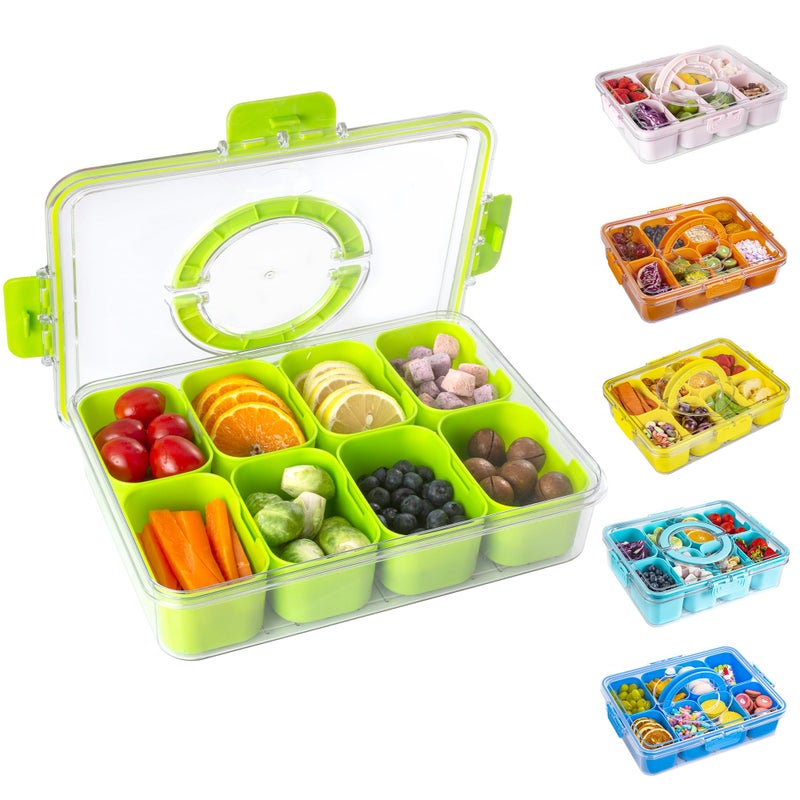 WACOI Divided Snack Serving Tray with Lid and Handle Travel Snackle Charcuterie Container Portable Storage Organizer for Candy, Fruits, Nuts, Snacks, Party, Picnic (1pack, Green) - Image 1