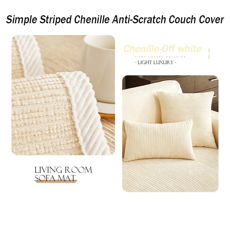Rosygulls أغطية الأريكة الأليفة Rosygulls للأريكة الأريكة البسيطة مخططة Chenille Cover Cover Cover Cover Cover Chenille Coach for Pet Chenille Couch Coach Non Slip Solid Coach Covers Off White-35 x35 - Image 3