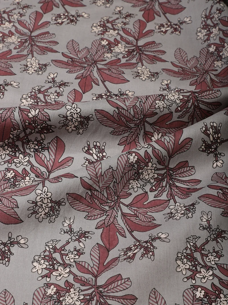 أيه كيه إس Botanical Leaf And Blossom Print Fabric - Grey