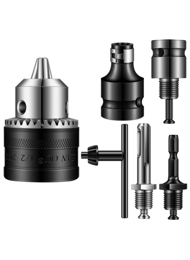 Lothee 6 Pcs 1/2-20UNF Mount 1.5-13 mm Capacity Drill Chuck Set with Converter Impact Driver Bits Chuck Drill Wrench 1/2 Inch Shank 1/4 Inch Hex Shank 1/2 Inch Socket Square Female Adapter - Image 1